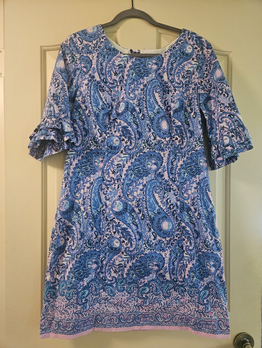 Lilly Pulitzer Blue and Pink Paisley Shift Dress with Ruffle Sleeves